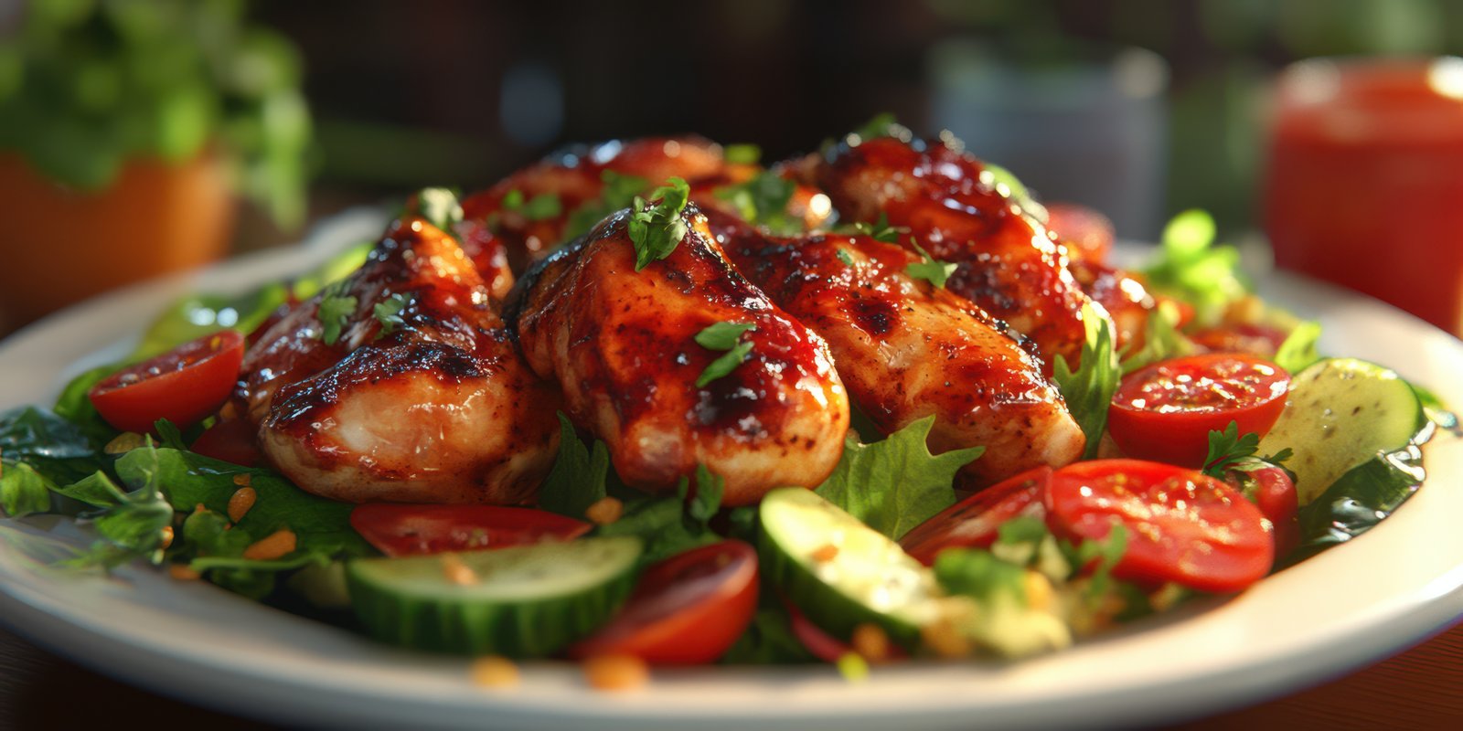 Grilled chicken salad with fresh vegetables presented on a white plate in a rustic setting during dinner time